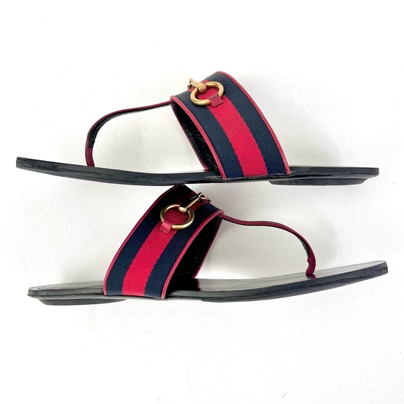 GUCCI || Horsebit Red Blue Web Stripe Black Leather Thong Sandal Flat EU 39 US 9 - Picture 12 of 15